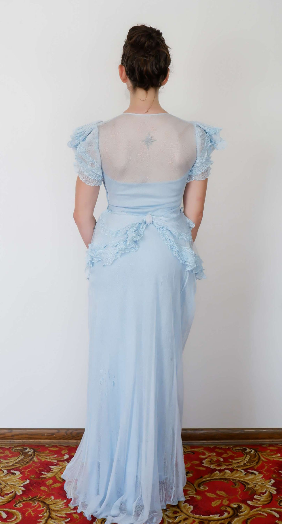Thumbnail: 1940s Antique Blue Net Wedding Gown with Ruffle Waist and Veil - XS/S