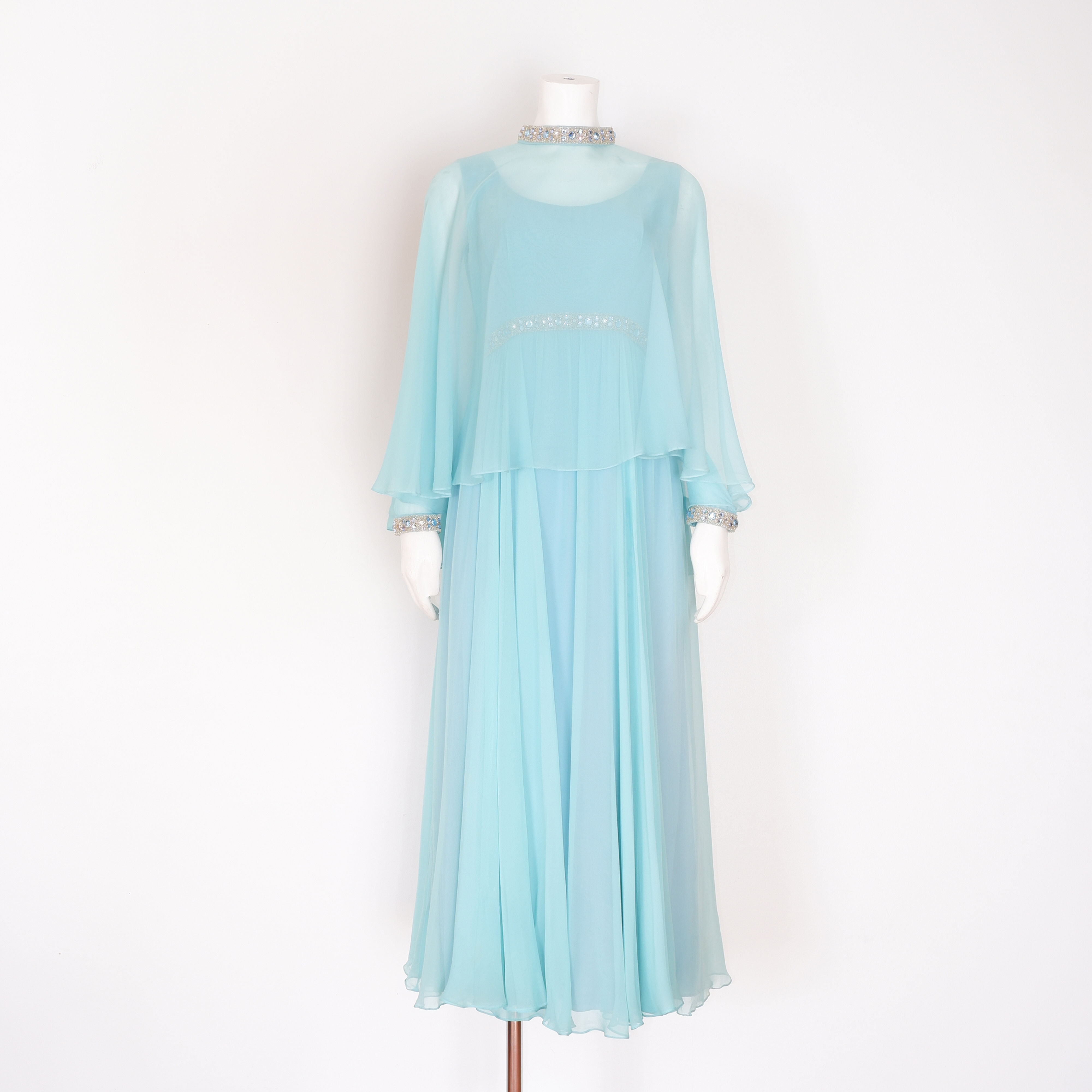 1960s Blue Chiffon Gown with Cape - Small Rhinestone Dress by Eleanor Ellis