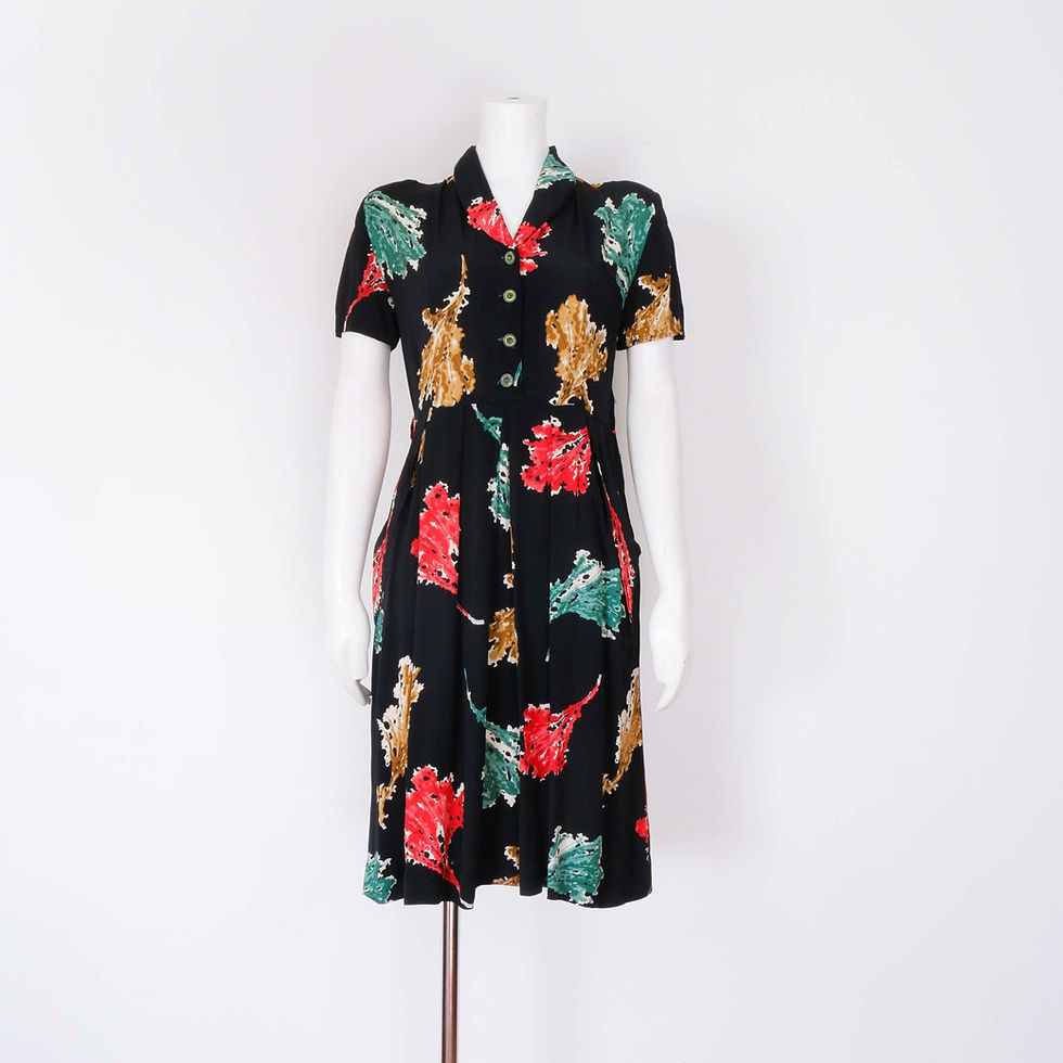 1940s Black Rayon Dress - Medium, Short Sleeve Abstract Leaf Print