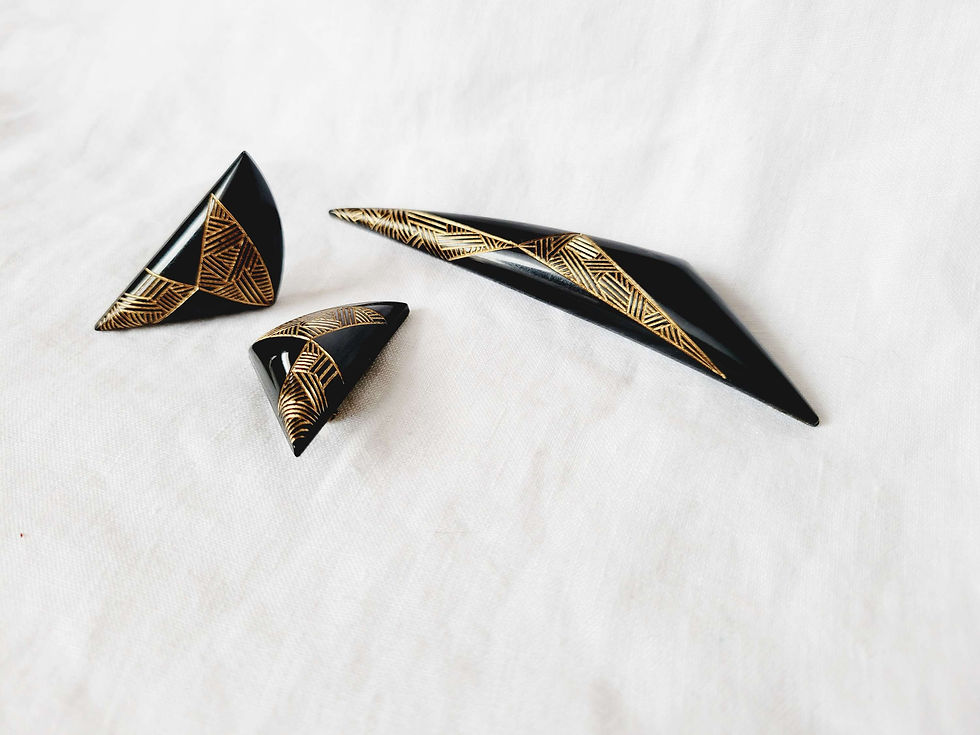 Vintage Carved Black Plastic Brooch and Earring Set - West Germany