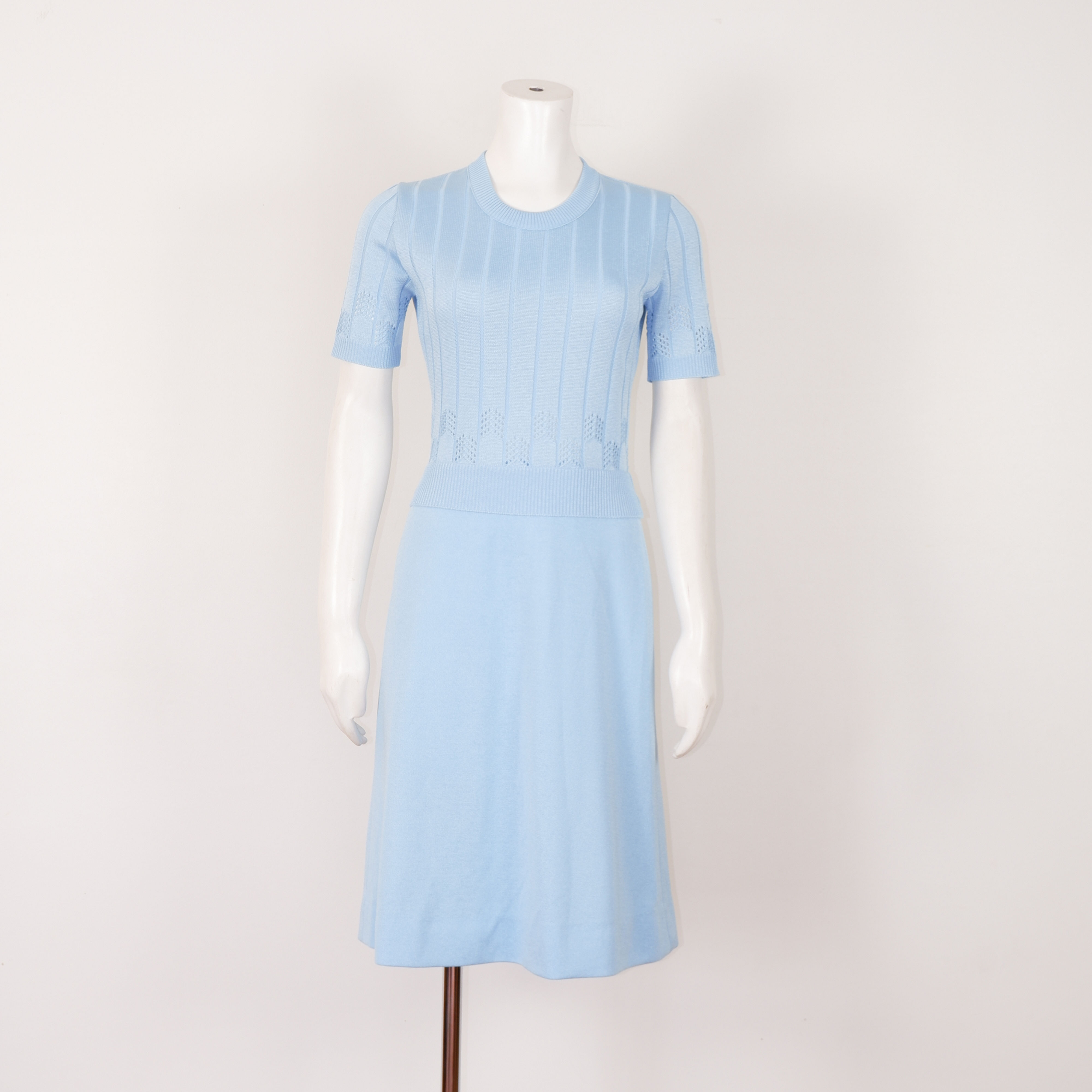 1960s Blue Dress - Small Knit Short Sleeve Midi