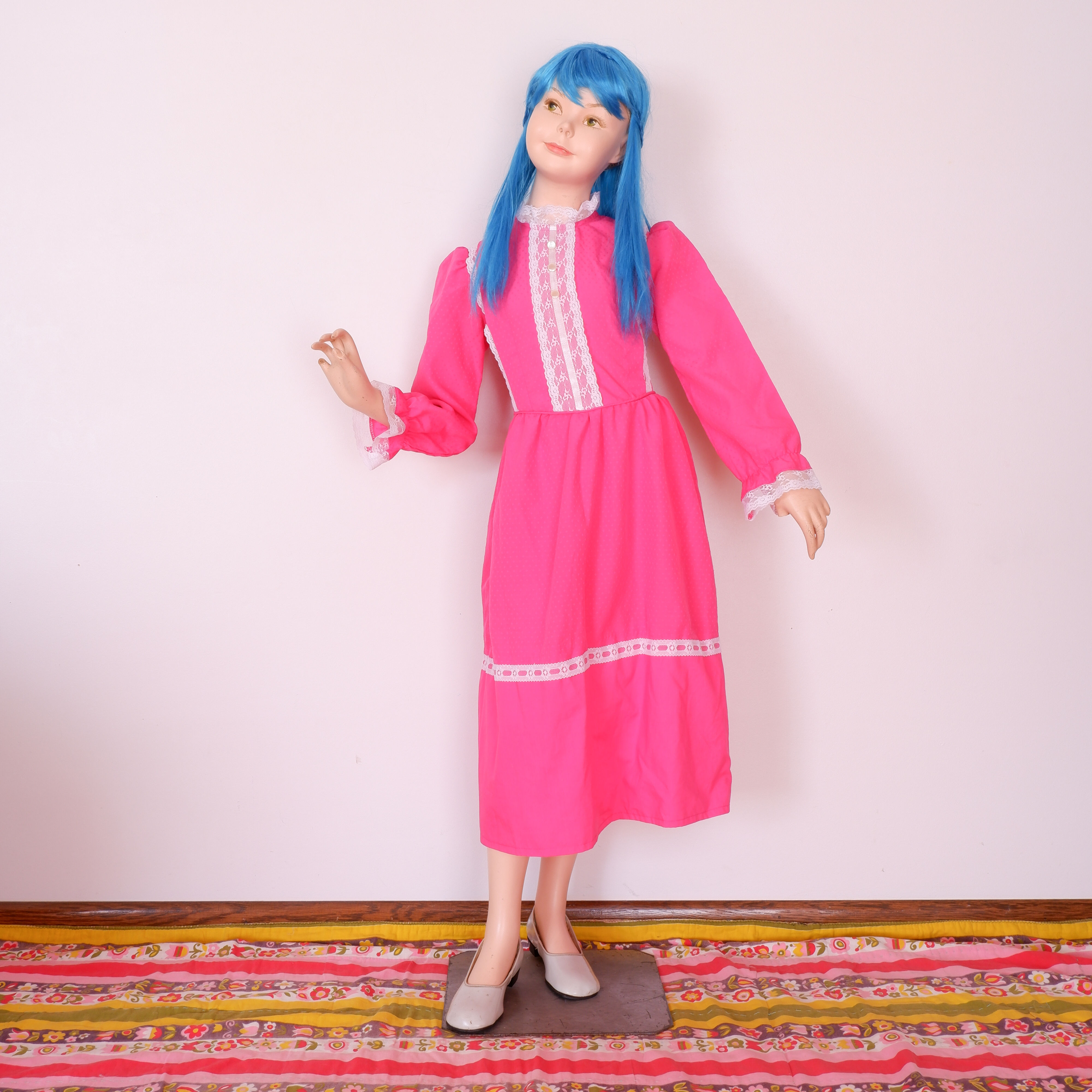 1970s Pink Dress with Lace Collar - Kids 6 / 7