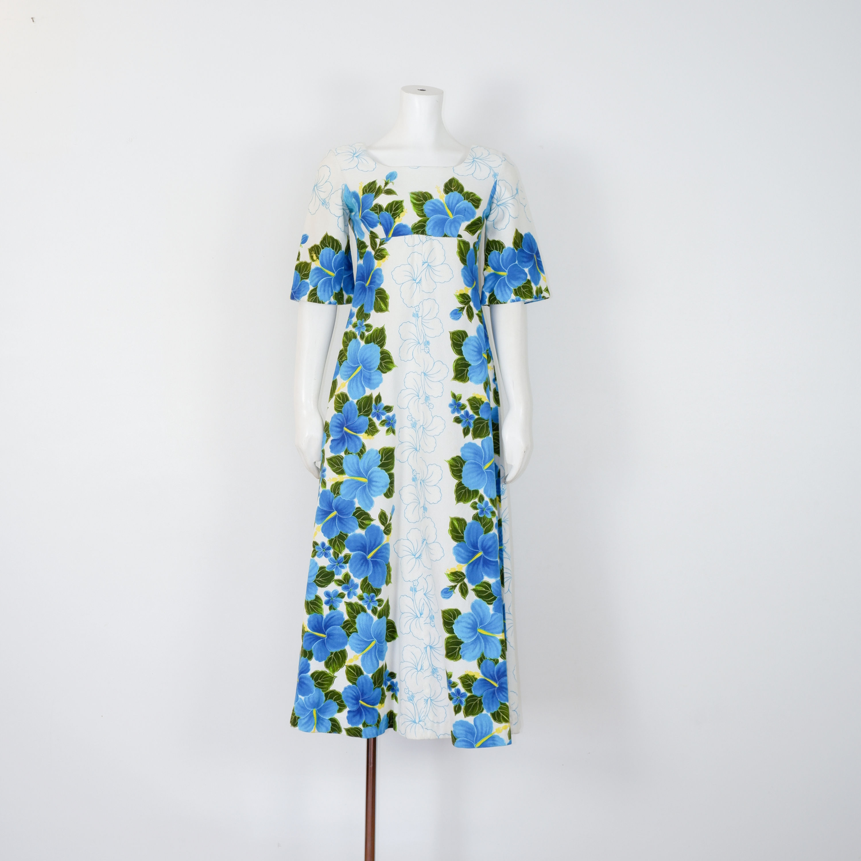 1970s White Hawaiian Dress - Small Blue Floral Print Cotton Maxi by Ui-Mai