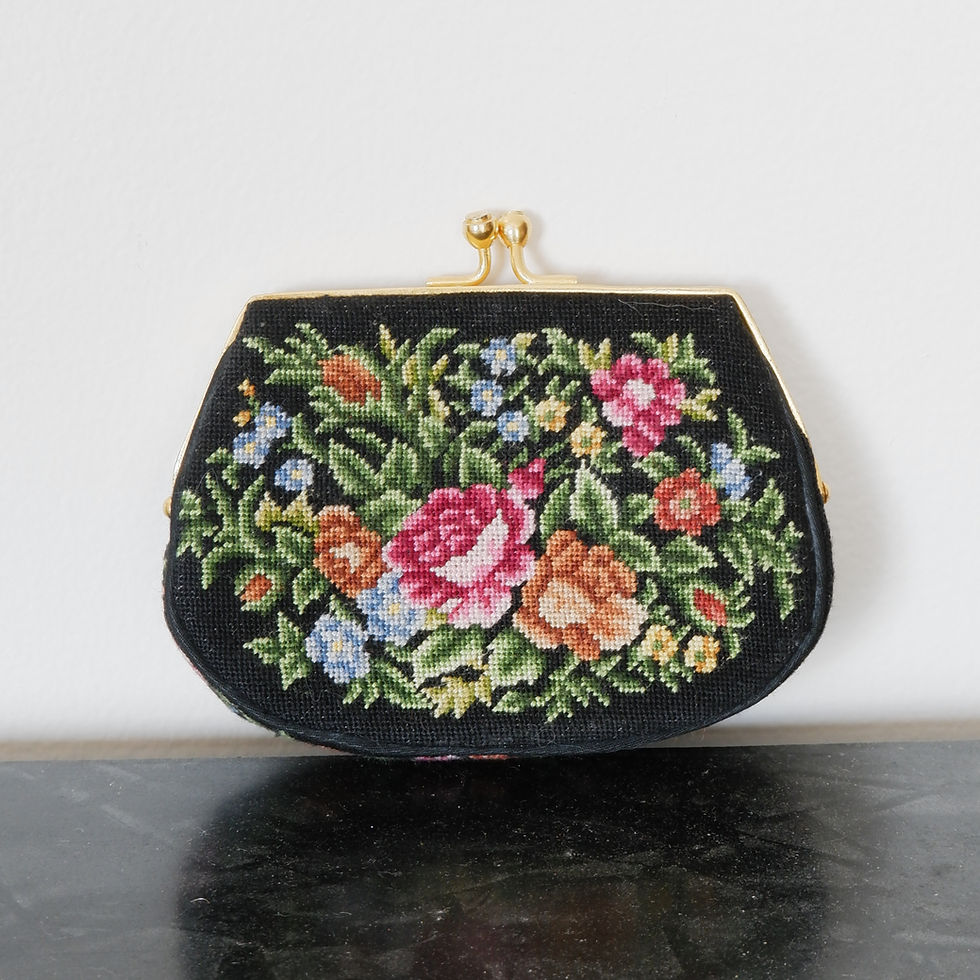 Vintage Petit Point Coin Purse - Black with Floral Print and Gold Frame