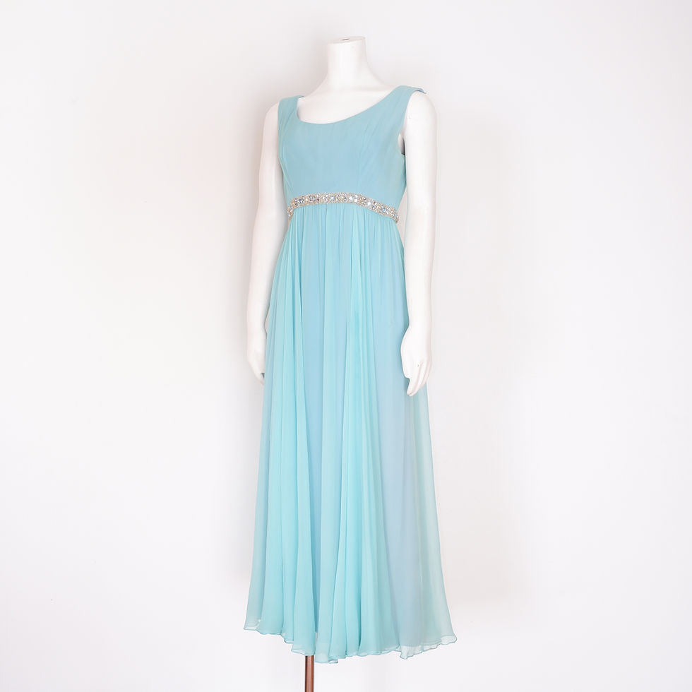 Thumbnail: 1960s Blue Chiffon Gown with Cape - Small Rhinestone Dress by Eleanor Ellis
