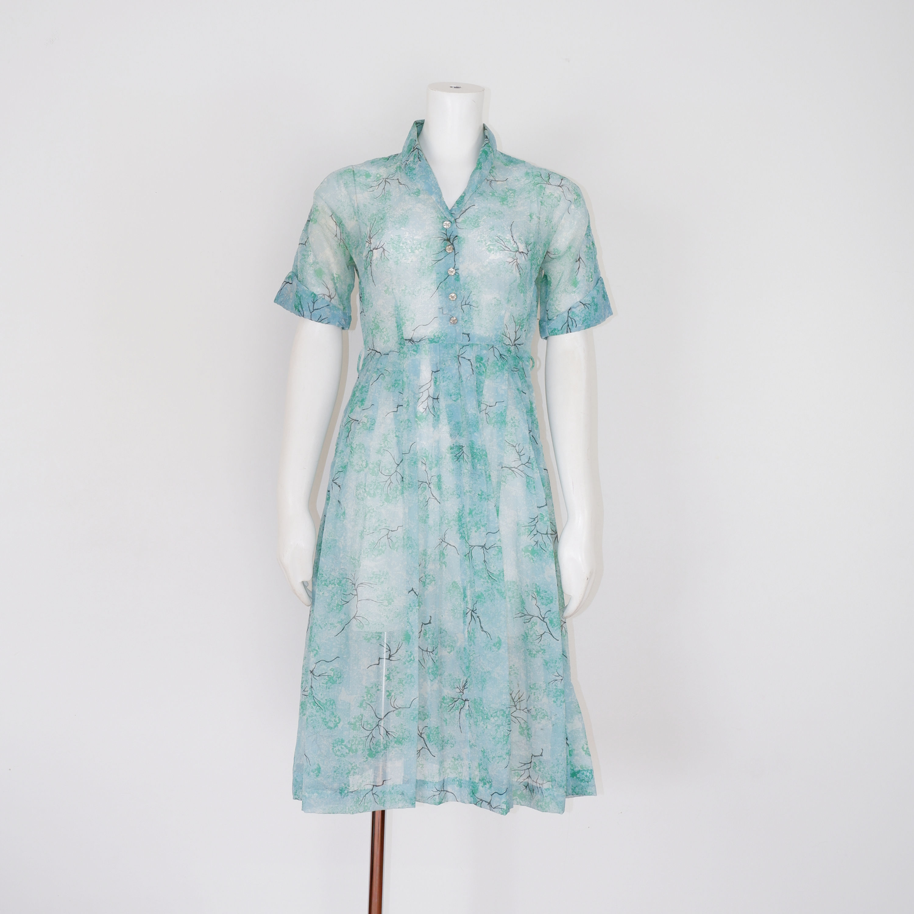 1950s Green Dress - Small, Floral Print