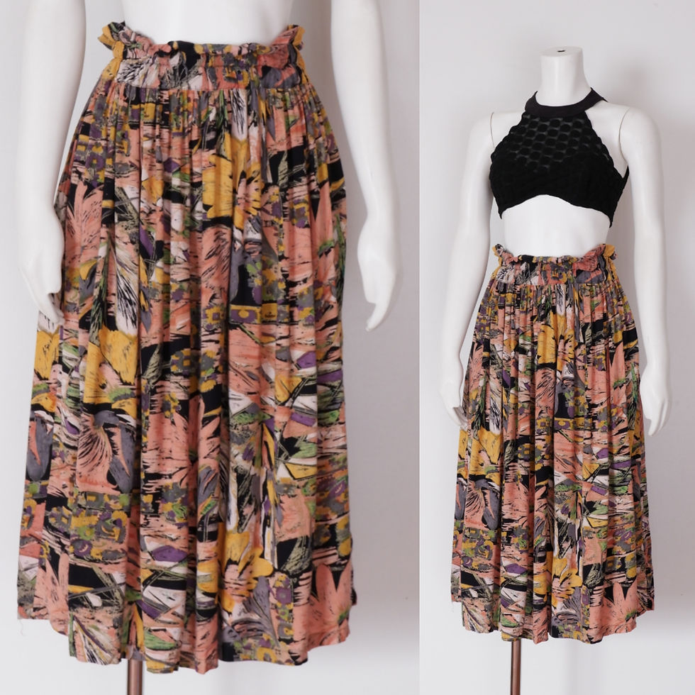 Vintage Black and Orange Floral Midi Skirt with Ruffle Waist