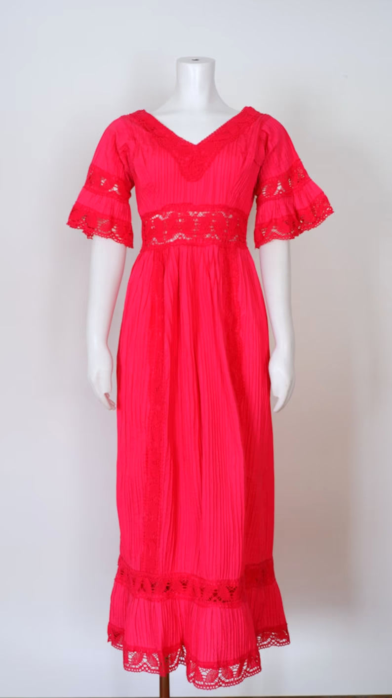 Thumbnail: 1970s Crochet Dress - Small, Pink Maxi with Cut Out Waist