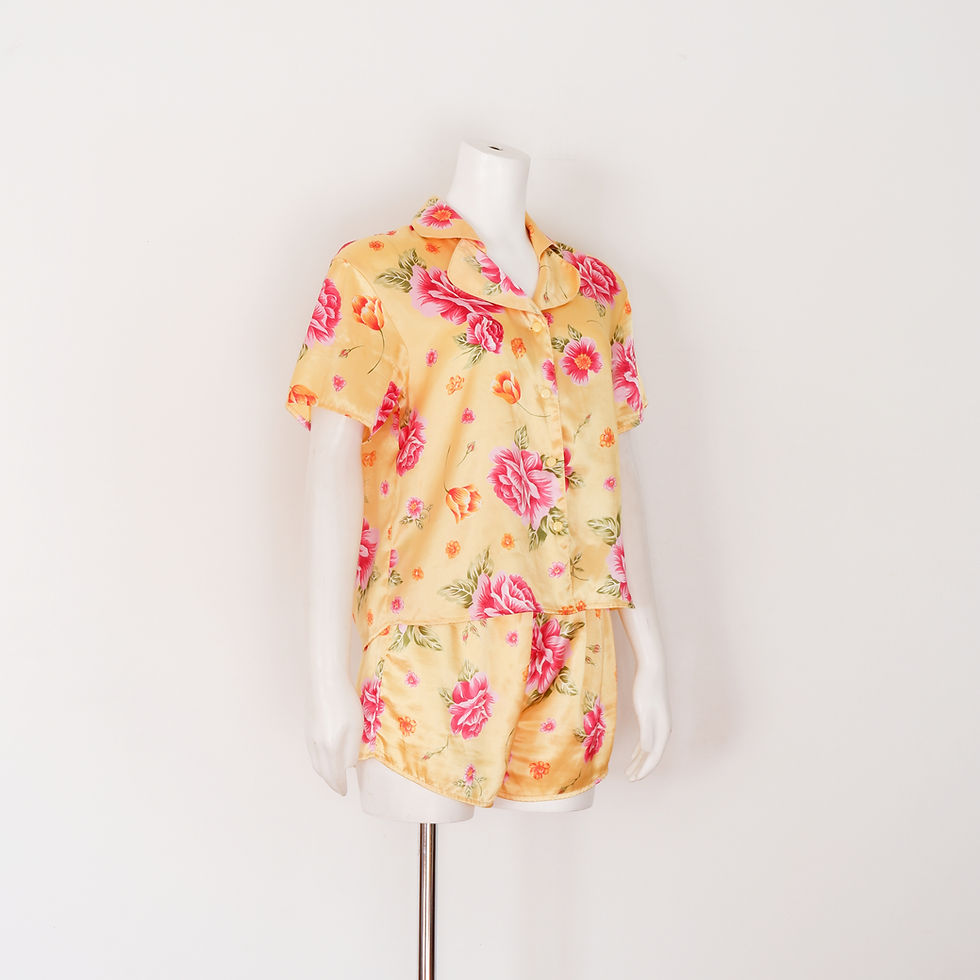 Thumbnail: 1990s Yellow Silky Floral Pajama Short and T-Shirt - Small / Medium
