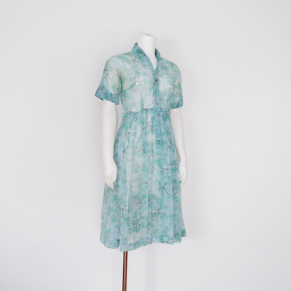 Thumbnail: 1950s Green Dress - Small, Floral Print