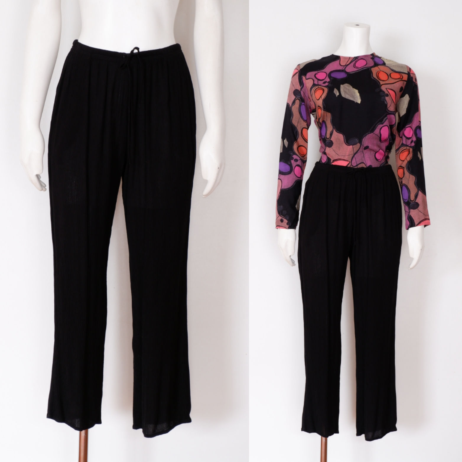 Vintage Black Crepe Pants - Medium / Large Elastic Waist Rayon Lounge Pants
