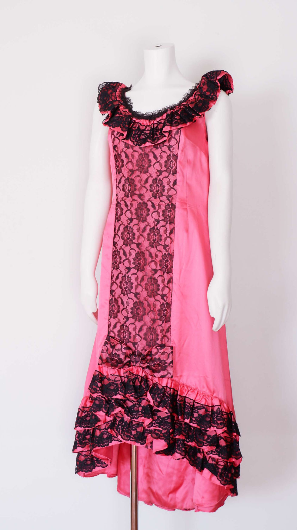 Thumbnail: 1960s Pink Satin Dress - Medium Vintage Drop Waist Midi with Black Lace
