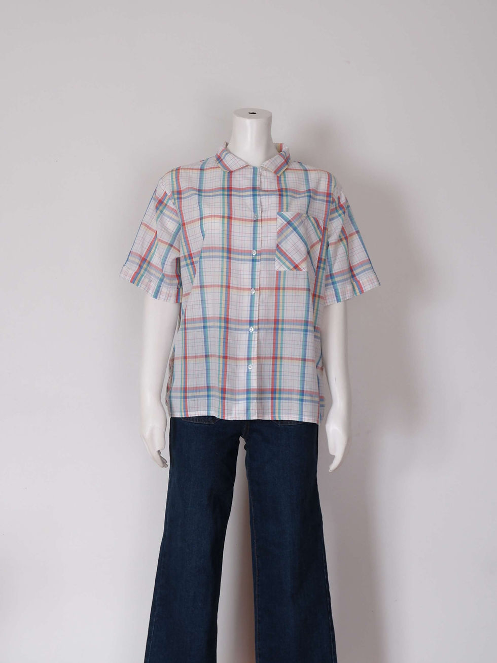 Vintage Thin White Plaid Short Sleeve Button Up Shirt