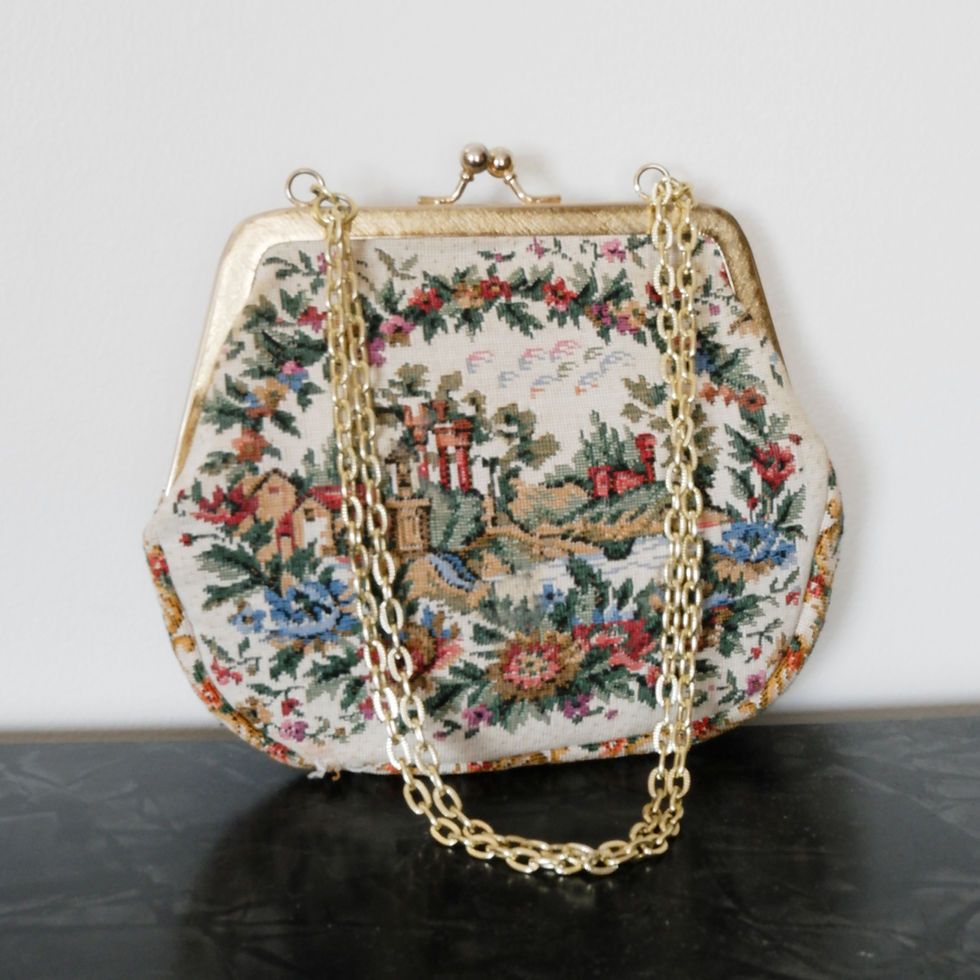 Vintage Petit Point Handbag - White with Floral Country Scene and Gold Frame