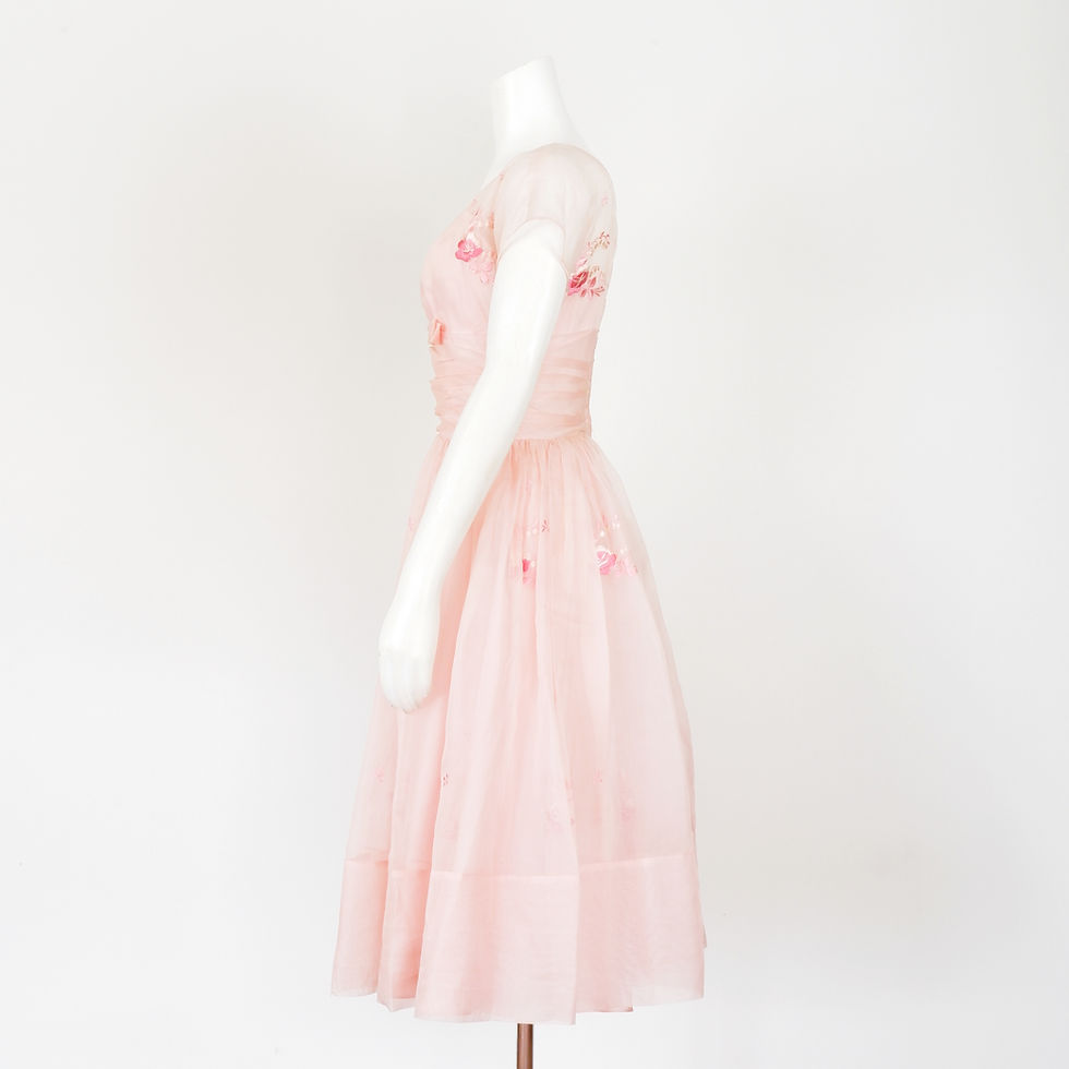 Thumbnail: 1950s Pink Dress - Small, Floral with Crinoline Skirt