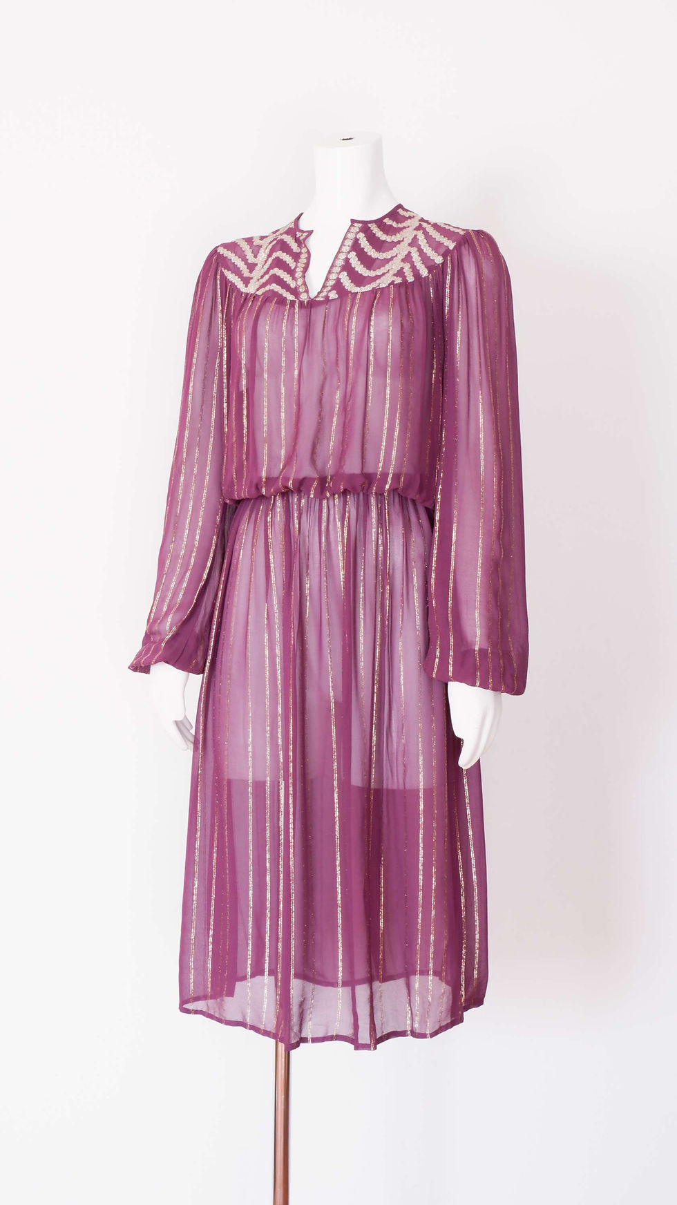 Thumbnail: 1970s Sheer Purple Long Sleeve Midi Dress with Gold Stripes - S/M