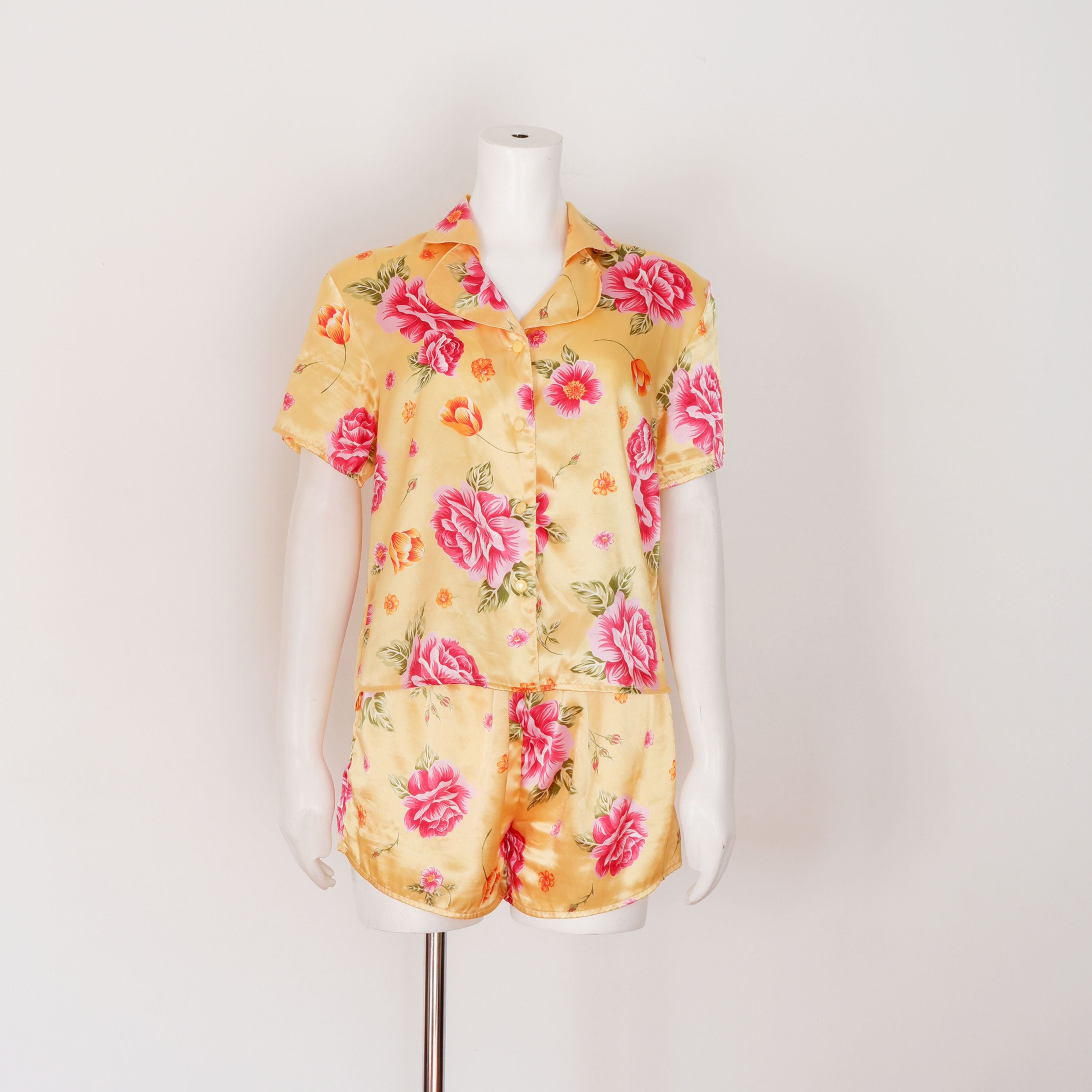 1990s Yellow Silky Floral Pajama Short and T-Shirt - Small / Medium