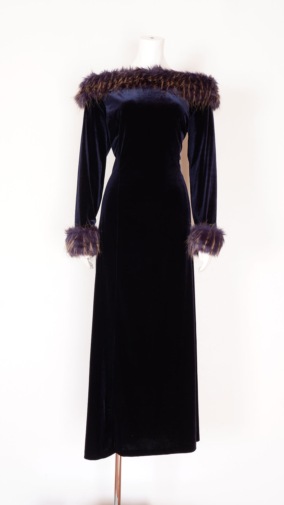 Vintage Blue Velour Gown - Large Blue Long Sleeve Dress with Faux Fur Collar