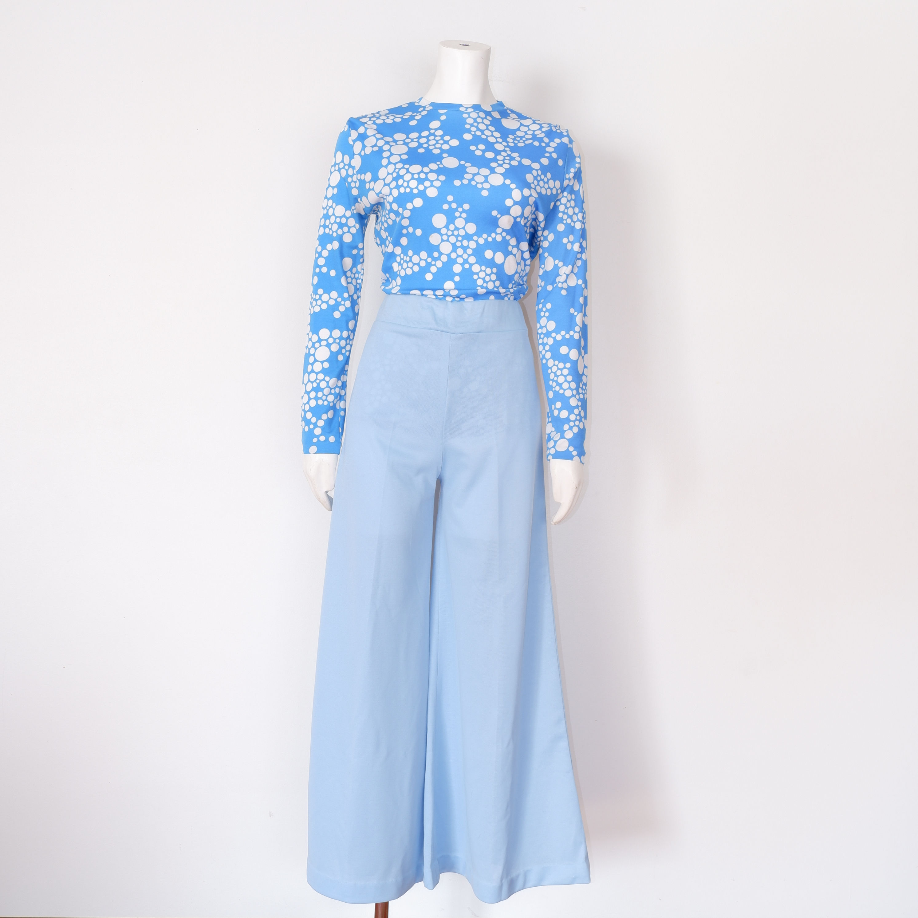 1970s Blue Wide Leg Pants -Vintage Elastic Waist Flare Trousers
