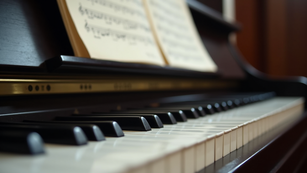 Close-up view of a piano keyboard with sheet music