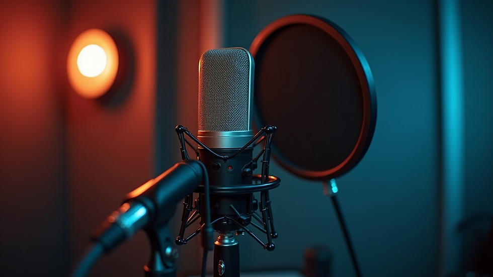 Close-up view of a microphone in a soundproof vocal booth