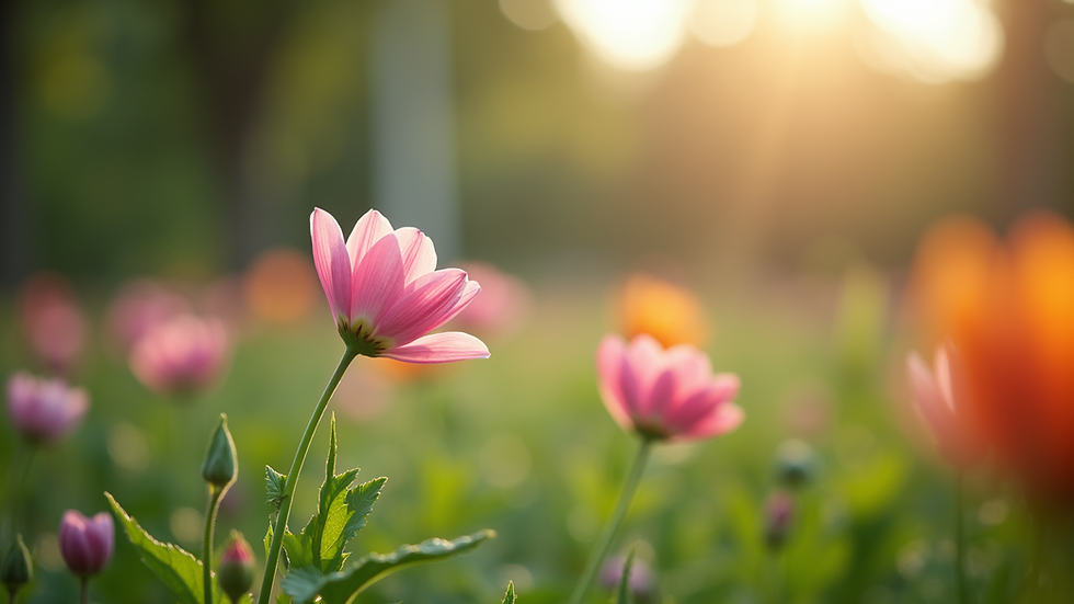 Eye-level view of a serene garden with blooming flowers