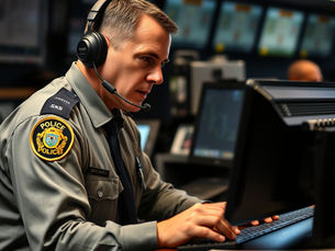 911 dispatcher taking information in the communication center
