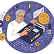 Man using crypto ATM with Bitcoin, showcasing cryptocurrency education and bitcoin coaching expertise.