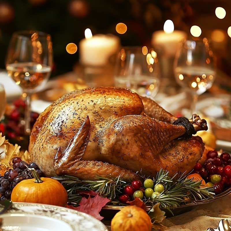 Roasted turkey on a festive table with candles, wine glasses, grapes, and small pumpkins. Warm, cozy atmosphere with soft lighting.