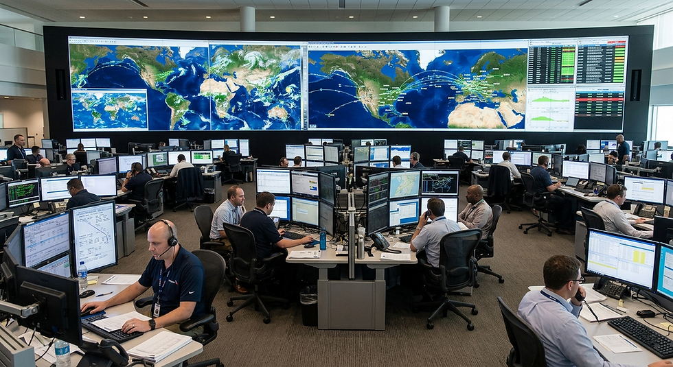 Busy airline operations center with staff at computer workstations beneath large world maps and network dashboards on wall screens
