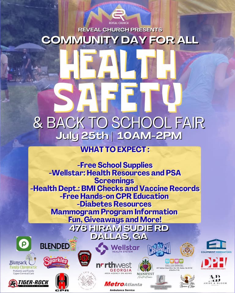 Reveal Church Community Day For All flyer, Health, Safety & Back to School Fair, July 25th