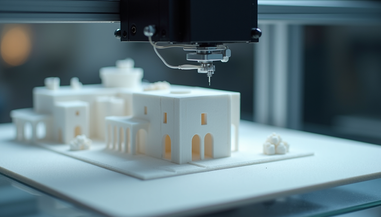 Close-up view of a 3D printer creating a detailed miniature architectural model