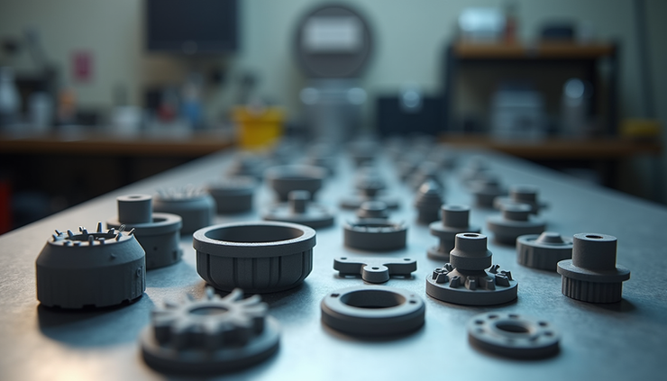 Eye-level view of 3D printed automotive parts arranged neatly on a workshop table
