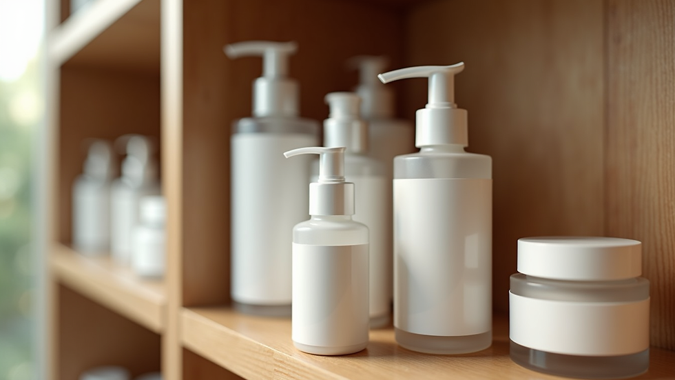 Close-up view of personalized skincare products arranged on a wooden shelf
