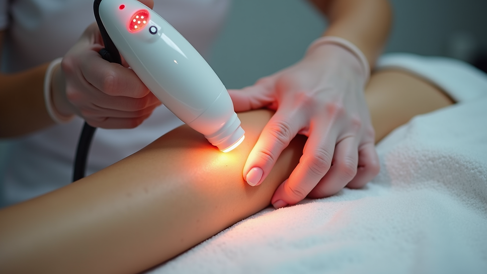 Close-up view of laser hair removal treatment in progress on a client’s leg