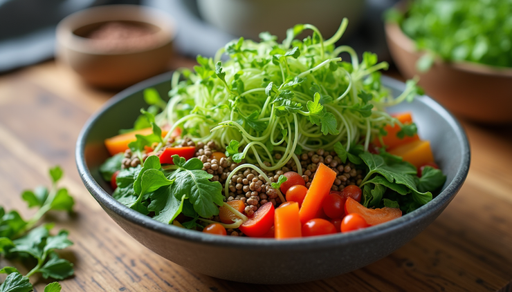 Close-up view of a vibrant microgreens salad bowl with colorful vegetables and seeds
