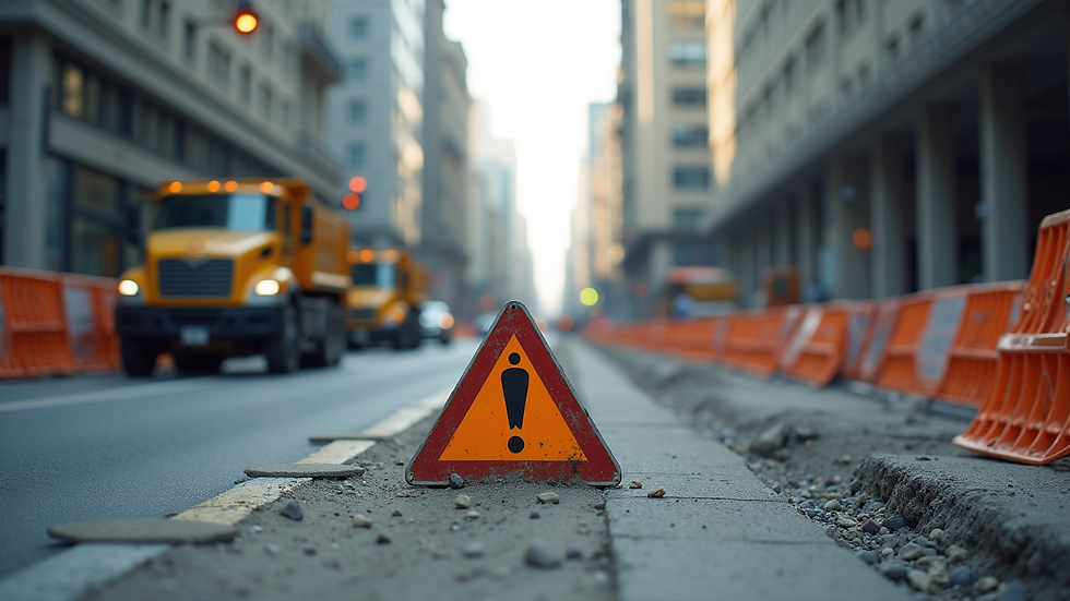 Eye-level view of a construction site with safety signs and equipment