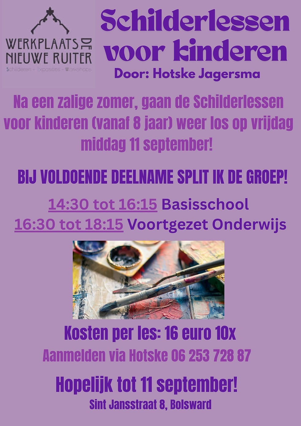 Ook zin om lekker je creativiteit zijn eigen gang te  laten gaan? meld je dan nu aan voor de schilderlessen. LET OP: Alleen voor kinderen vanaf 8 jaar. 