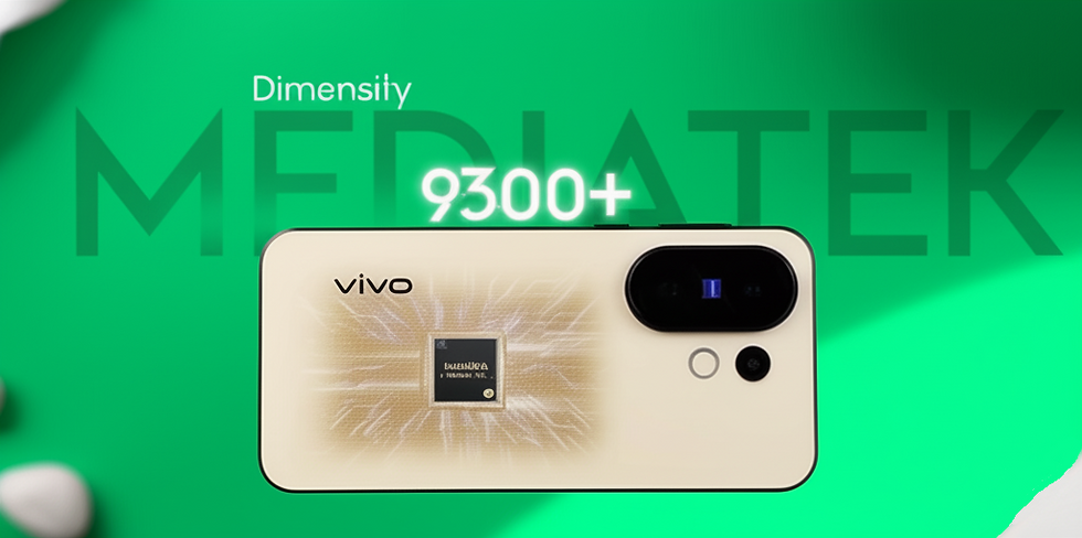 Vivo phone with chip design on beige back. Text: "Dimensity 9300+" on green background with large "MEDIATEK" in the background.