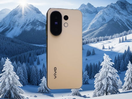 In this image show vivo X200 fe mobile with a winter beground with some trees and mountains