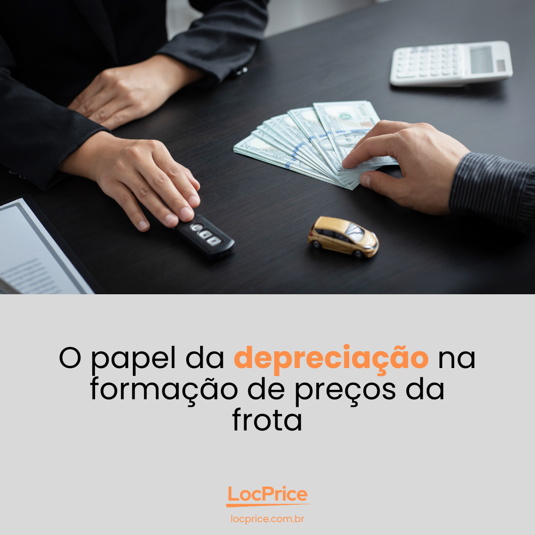 Duas pessoas negociam em uma mesa: uma entrega a chave de um carro e a outra entrega notas de dólar. Texto: O papel da depreciação na formação de preços da frota.