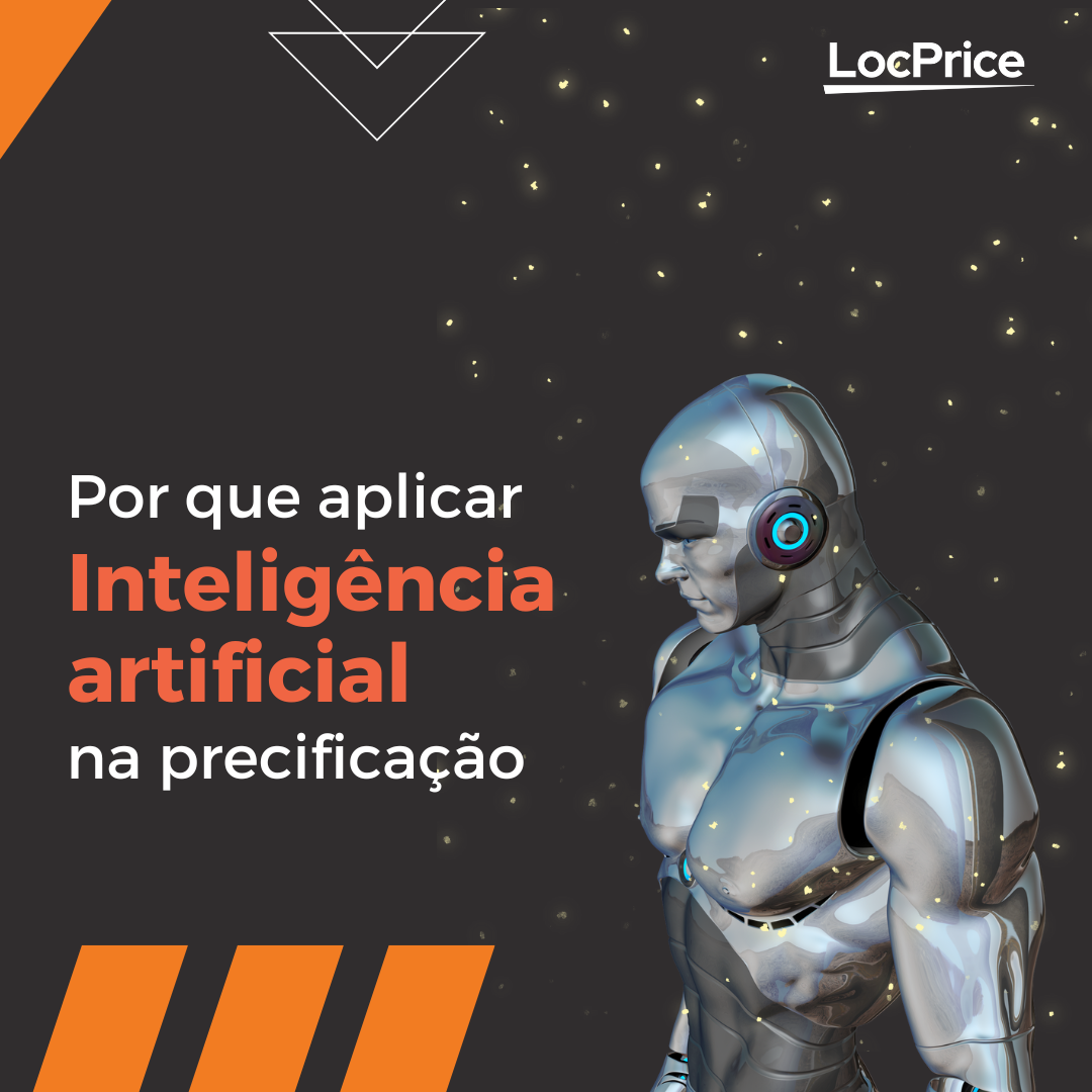 Imagem com fundo preto estrelado e elementos gráficos em laranja. Texto: Por que aplicar Inteligência Artificial na precificação. Robô humanoide prateado.
