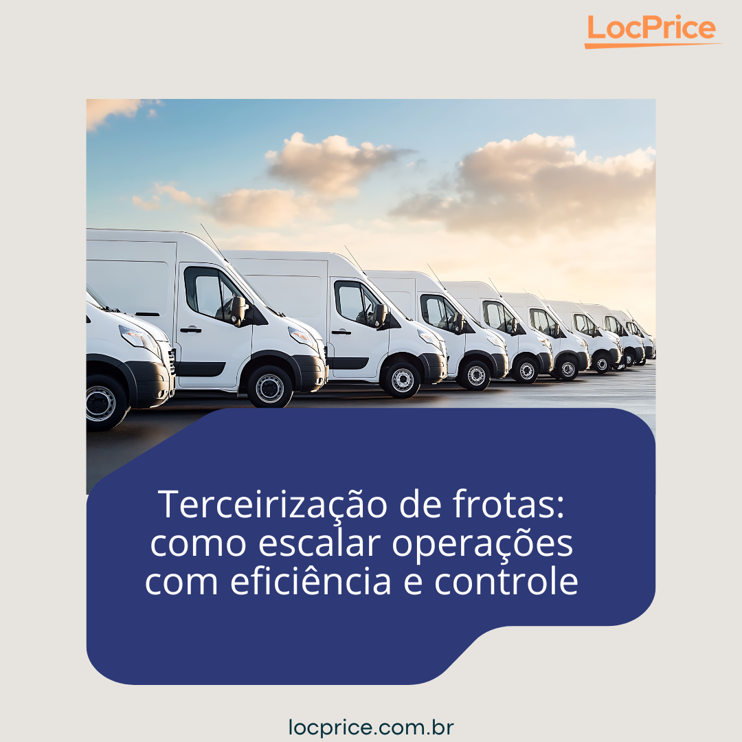 Linha de vans brancas estacionadas em sequência sob o pôr do sol, representando terceirização de frotas e expansão operacional com eficiência.