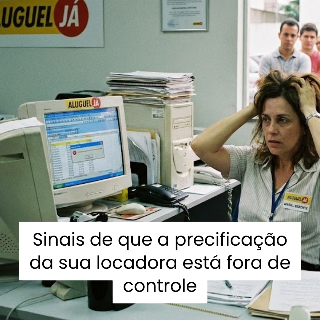 Ilustração mostrando alerta vermelho sobre erros de precificação em locadoras de veículos