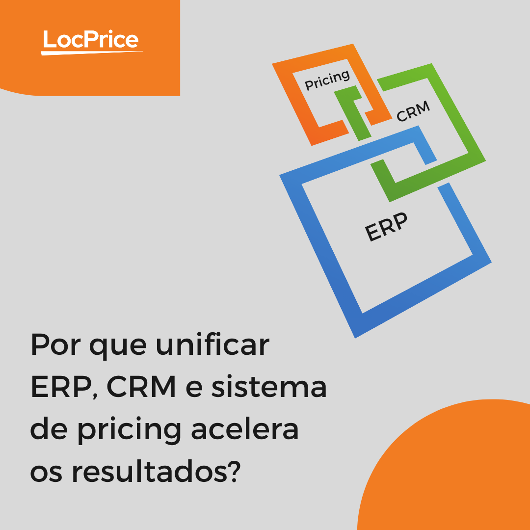 Ilustração colorida mostra a integração entre ERP (em azul), CRM (em verde) e sistema de pricing (em laranja), destacando a importância da unificação dos sistemas.