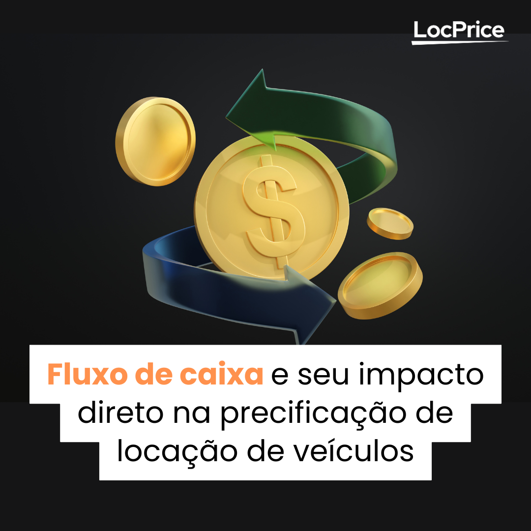 Setas e moedas representando fluxo de caixa e título Fluxo de caixa e seu impacto direto na precificação de locação de veículos