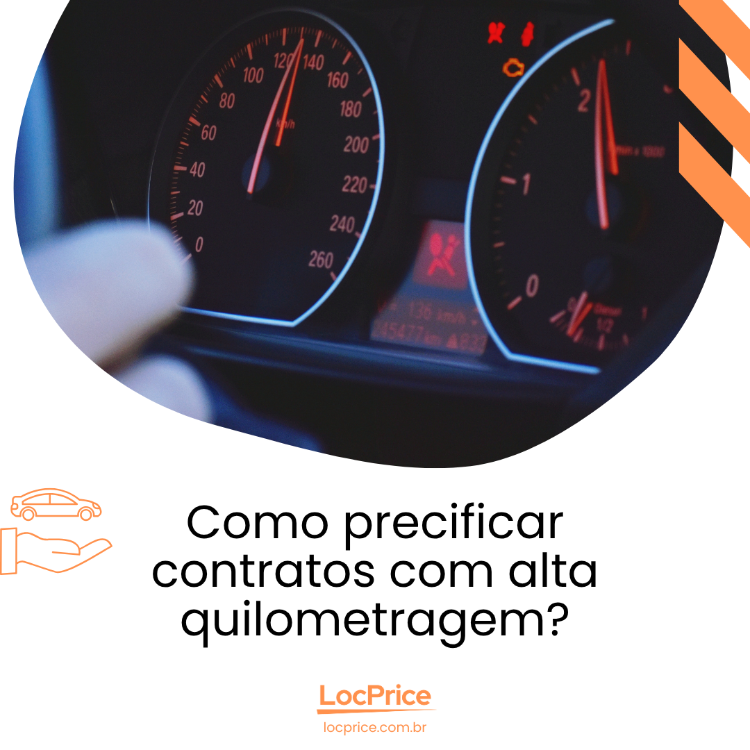 Painel de carro com velocímetro e conta-giros iluminados, mostrando alta quilometragem. Texto: Como precificar contratos com alta quilometragem?