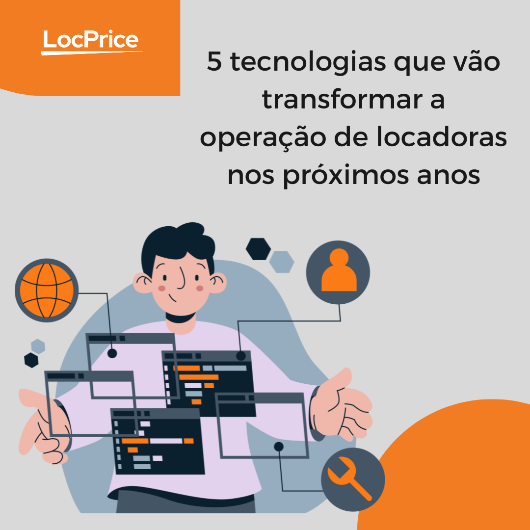 Ilustração de um homem cercado por elementos tecnológicos, representando o uso de tecnologia na gestão de locadoras de veículos
