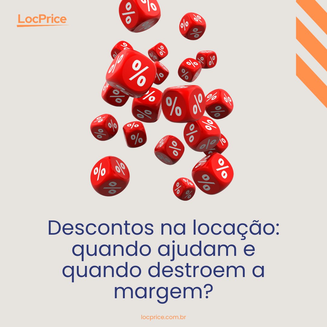 Dados vermelhos com símbolos de porcentagem flutuando, representando descontos e variação de margem em contratos de locação