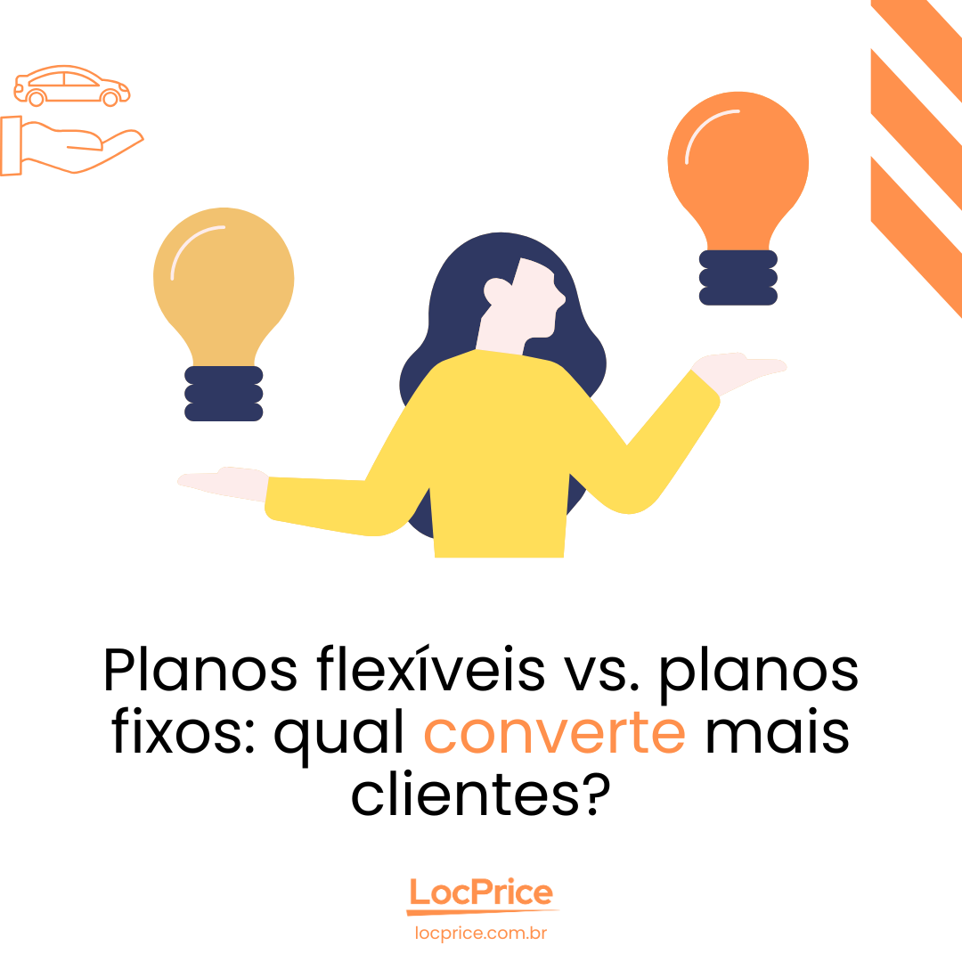 Ilustração de uma mulher equilibrando duas lâmpadas, representando a comparação entre planos flexíveis e planos fixos em locadoras de veículos.